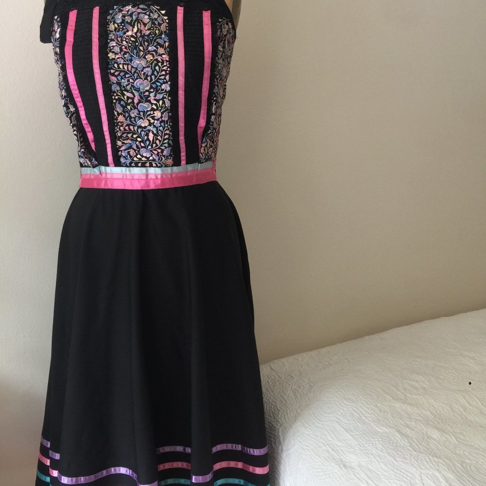 Boho Mexican Embroidered Lace Sundress Pink Black
